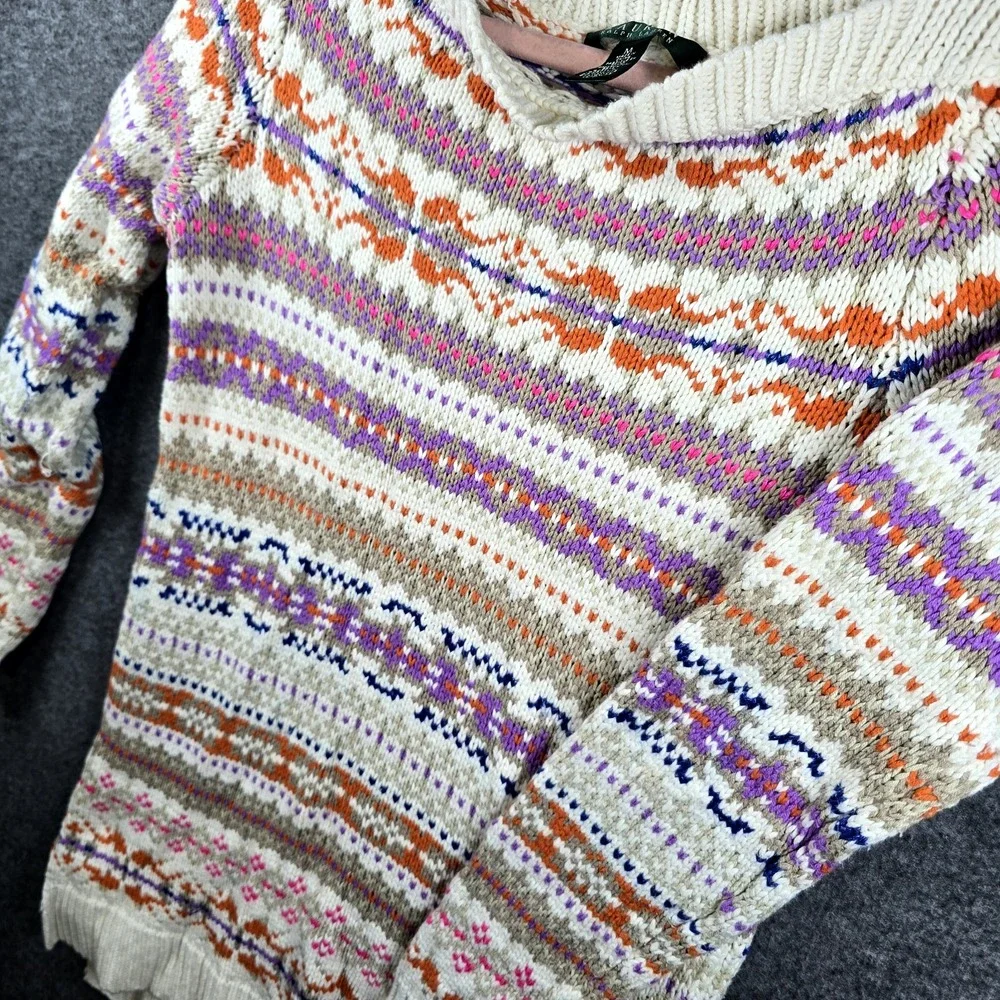 Lauren Ralph Lauren Women M Fair Isle Wool Pullover Sweater Bright Orange Purple